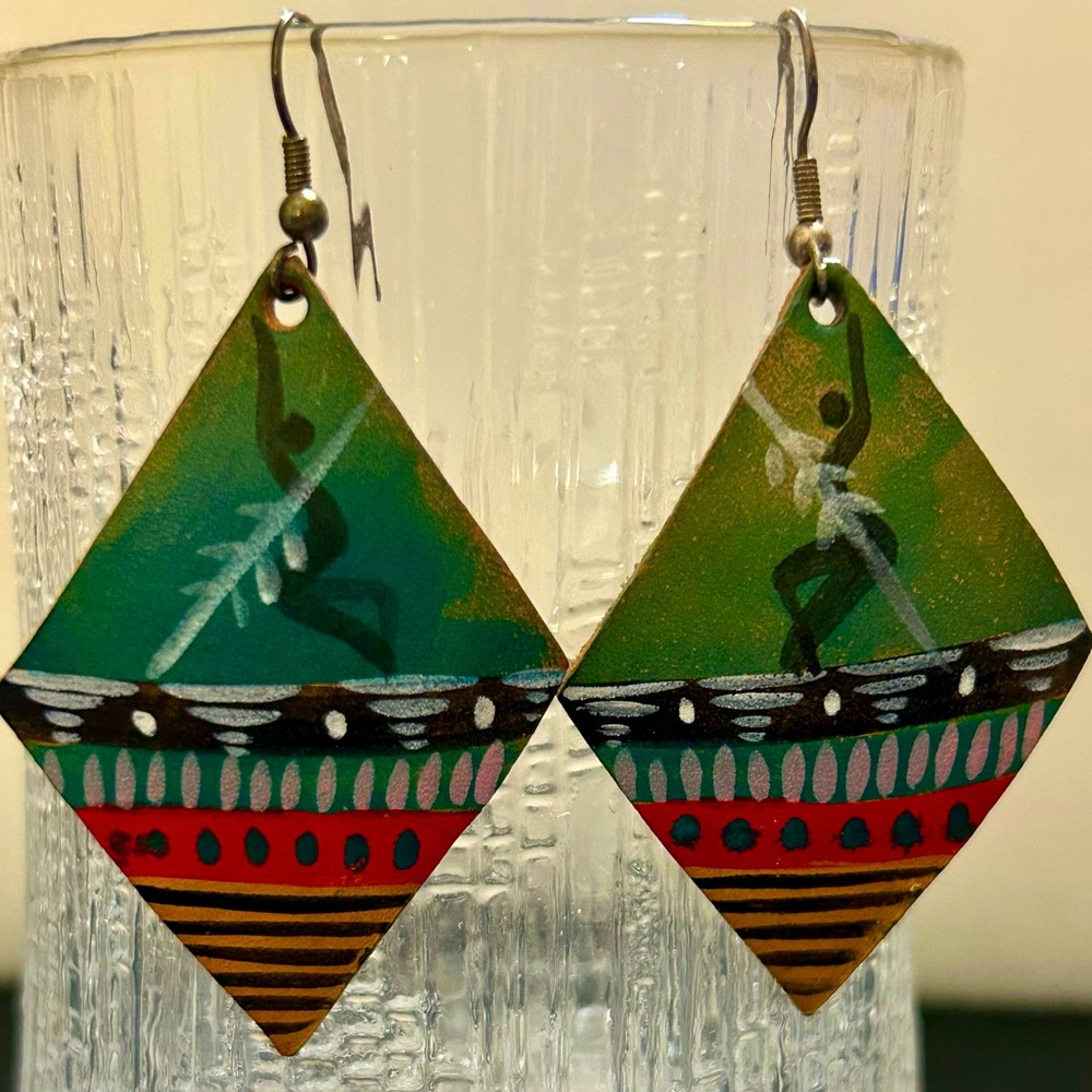 Vintage Handmade Diamond-Shaped Leather Earrings with Cultural Design
